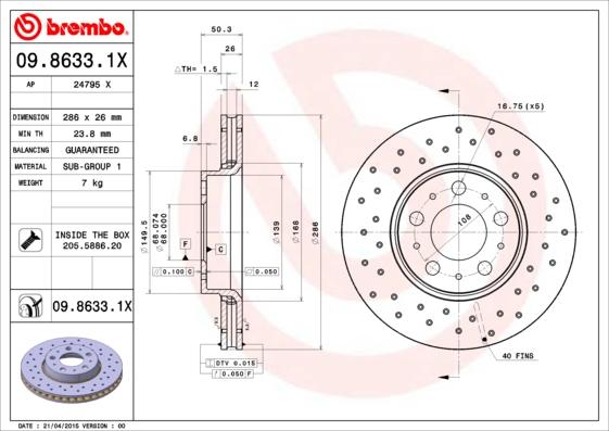 Brembo 09.8633.1X - Гальмівний диск autocars.com.ua