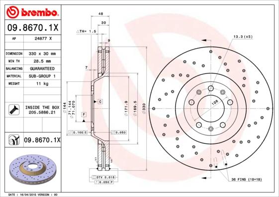 Brembo 09.8670.1X - Тормозной диск avtokuzovplus.com.ua