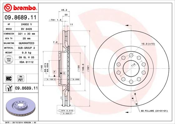 Brembo 09.8689.11 - Гальмівний диск autocars.com.ua