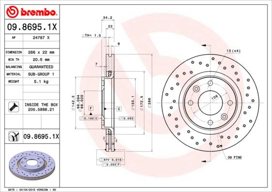 Brembo 09.8695.1X - Тормозной диск avtokuzovplus.com.ua