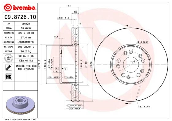 Brembo 09.8726.10 - Гальмівний диск autocars.com.ua