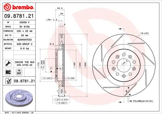 Brembo 09.8781.21 - Гальмівний диск autocars.com.ua