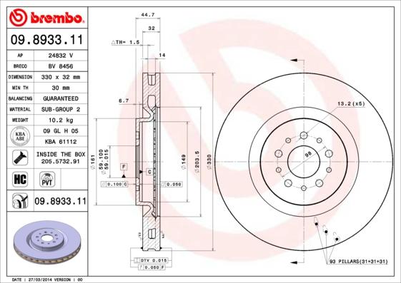 Brembo 09.8933.11 - Гальмівний диск autocars.com.ua