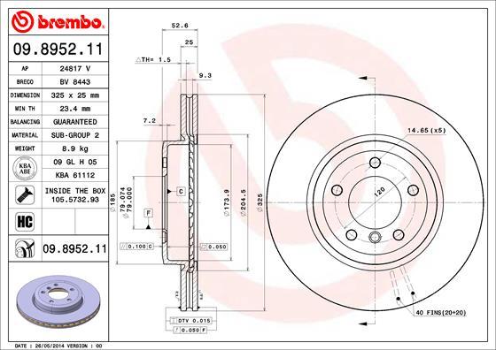 Brembo 09.8952.11 - Тормозной диск avtokuzovplus.com.ua