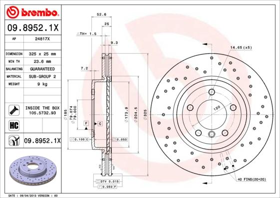 Brembo 09.8952.1X - Тормозной диск avtokuzovplus.com.ua