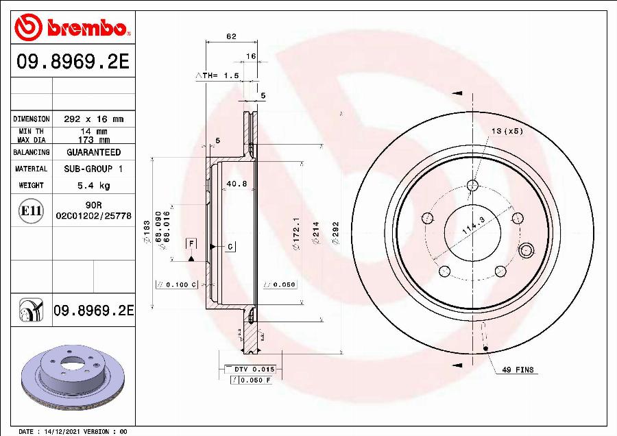 Brembo 09.8969.2E - Гальмівний диск autocars.com.ua