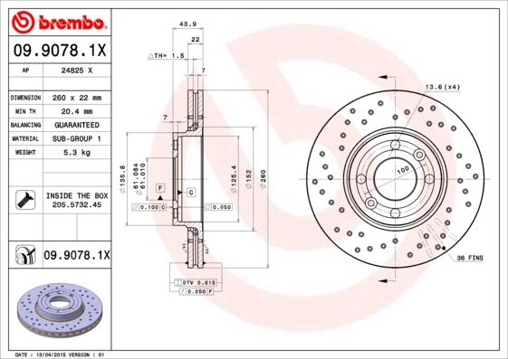 Brembo 09.9078.1X - Диск тормозной передн. серии Brembo Xtra перфорированный NISSAN DFAC SUNNY N17 12-10-> - NISSA autodnr.net