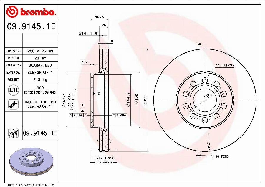 Brembo 09.9145.1E - Тормозной диск autodnr.net