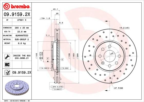 Brembo 09.9159.2X - Гальмівний диск autocars.com.ua