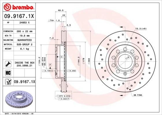 Brembo 09.9167.1X - Тормозной диск avtokuzovplus.com.ua