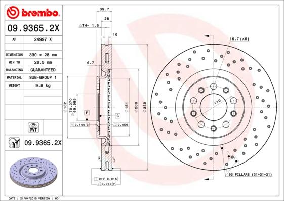 Brembo 09.9365.2X - Гальмівний диск autocars.com.ua