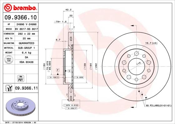 Brembo 09.9366.11 - Гальмівний диск autocars.com.ua