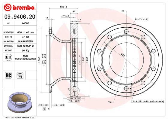 Brembo 09.9406.20 - Тормозной диск avtokuzovplus.com.ua