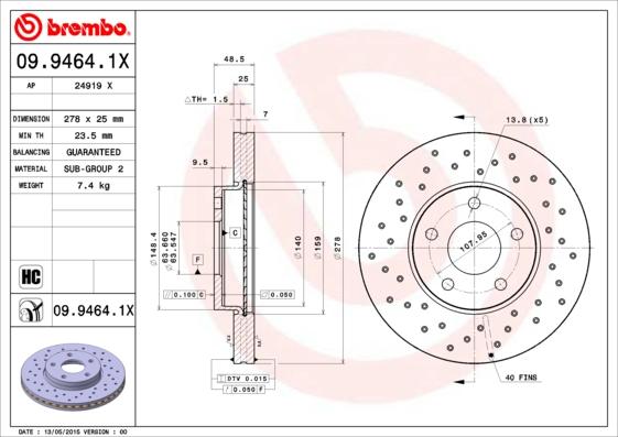 Brembo 09.9464.1X - Тормозной диск avtokuzovplus.com.ua