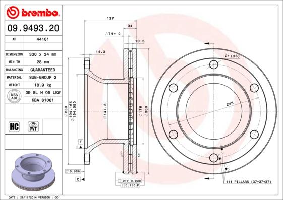 Brembo 09.9493.20 - Тормозной диск avtokuzovplus.com.ua