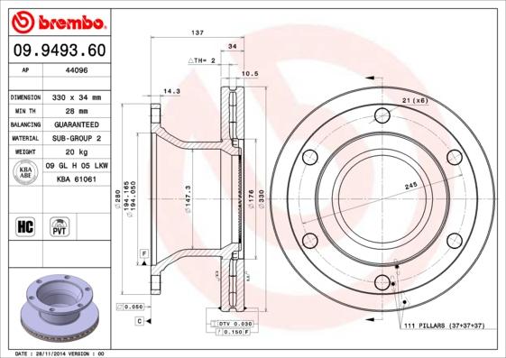 Brembo 09.9493.60 - Гальмівний диск autocars.com.ua