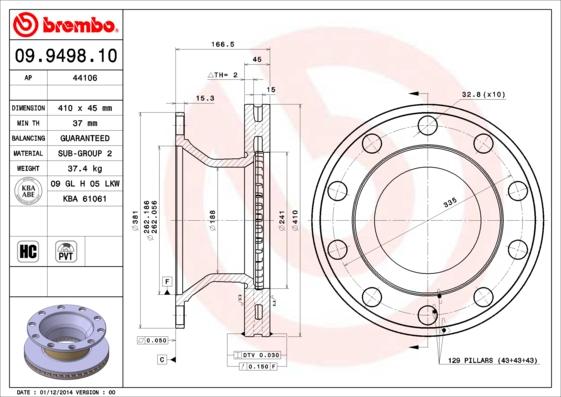 Brembo 09.9498.10 - Тормозной диск avtokuzovplus.com.ua