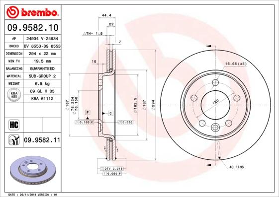 Brembo 09.9582.10 - Гальмівний диск autocars.com.ua