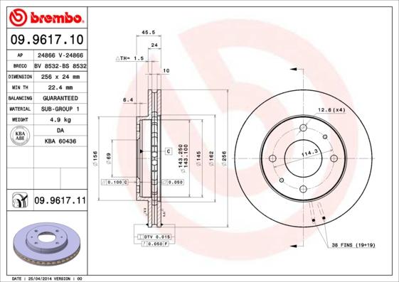 Brembo 09.9617.11 - Гальмівний диск autocars.com.ua