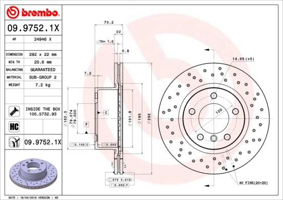 Brembo 09.9752.1X - Тормозной диск avtokuzovplus.com.ua