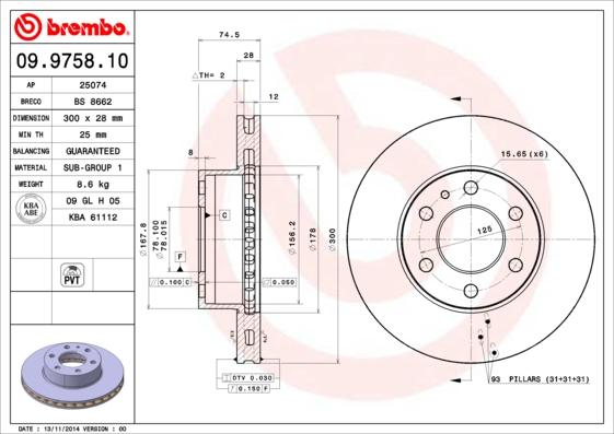 Brembo 09.9758.10 - Гальмівний диск autocars.com.ua