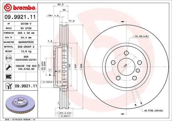 Brembo 09.9921.11 - Гальмівний диск autocars.com.ua