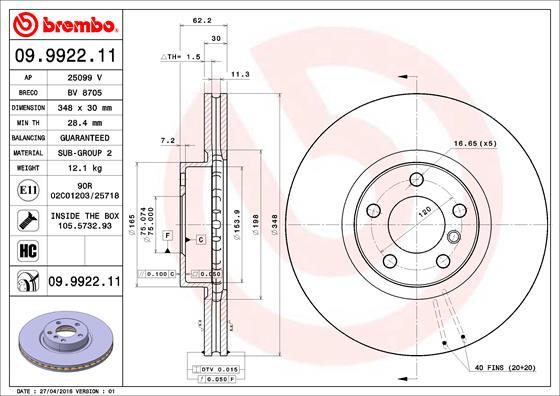 Brembo 09.9922.11 - Тормозной диск avtokuzovplus.com.ua