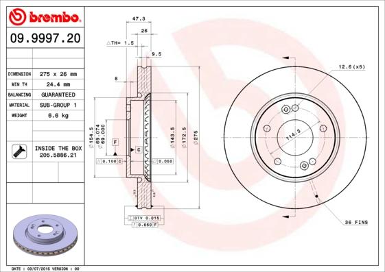 Brembo 09.9997.20 - Гальмівний диск autocars.com.ua