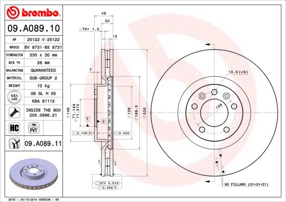 Brembo 09.A089.10 - Тормозной диск avtokuzovplus.com.ua