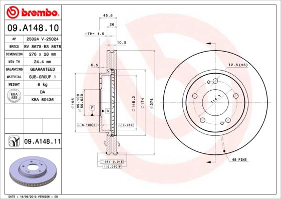 Brembo 09.A148.10 - Тормозной диск avtokuzovplus.com.ua
