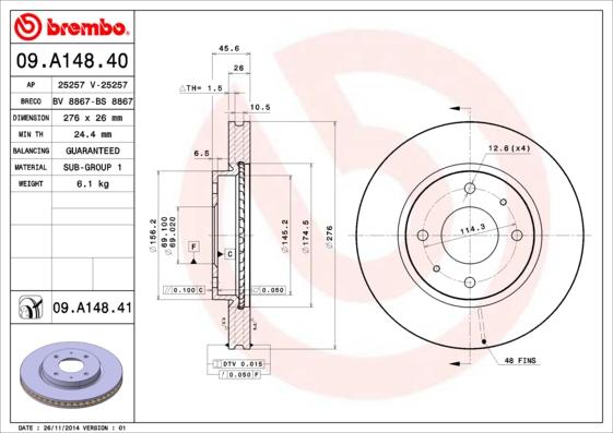 Brembo 09.A148.40 - Тормозной диск avtokuzovplus.com.ua