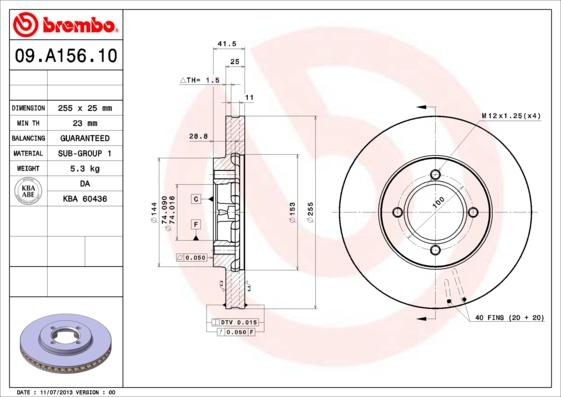 Brembo 09.A156.10 - Гальмівний диск autocars.com.ua