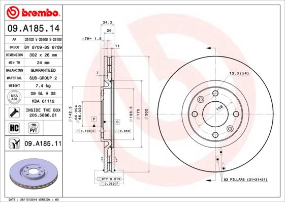 Brembo 09.A185.14 - Гальмівний диск autocars.com.ua