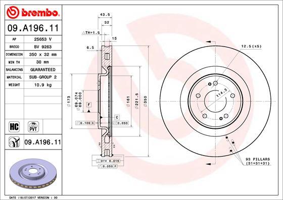 Brembo 09.A196.11 - Гальмівний диск autocars.com.ua