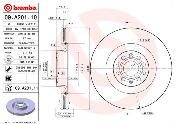 Brembo 09.A201.10 - Гальмівний диск autocars.com.ua