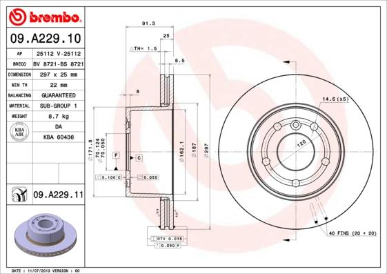 Brembo 09.A229.11 - Гальмівний диск autocars.com.ua