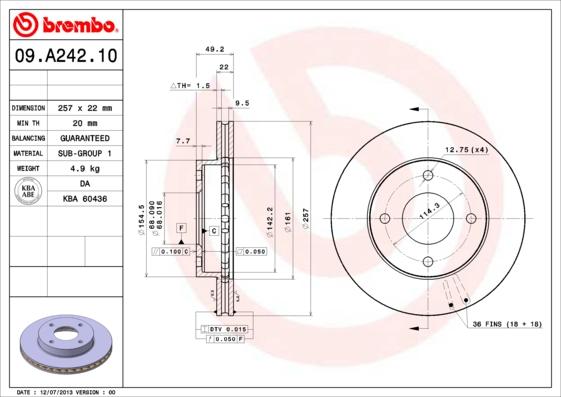 Brembo 09.A242.10 - Гальмівний диск autocars.com.ua