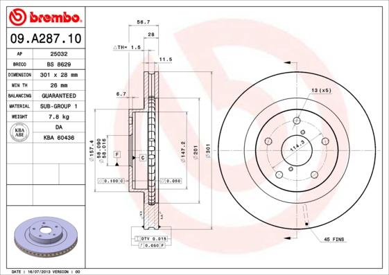 Brembo 09.A287.10 - Гальмівний диск autocars.com.ua