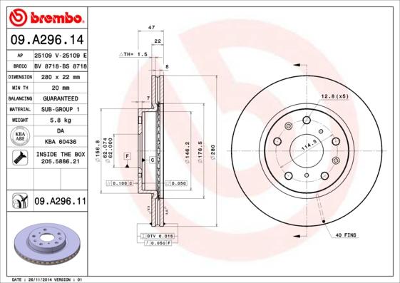 Brembo 09.A296.14 - Гальмівний диск autocars.com.ua