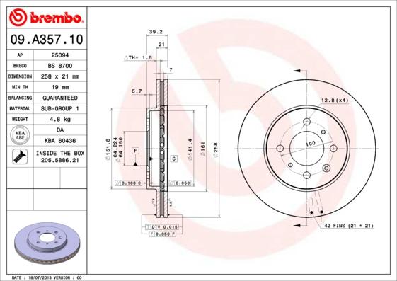 Brembo 09.A357.10 - Тормозной диск avtokuzovplus.com.ua