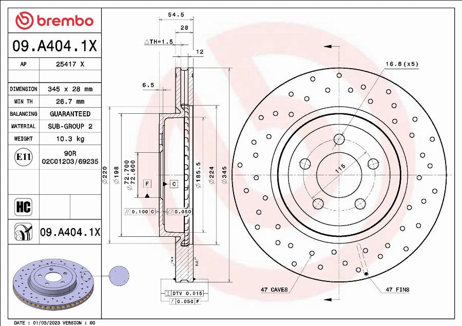 Brembo 09.A404.1X - Гальмівний диск autocars.com.ua