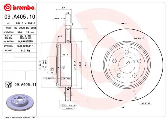 Brembo 09.A405.11 - Гальмівний диск autocars.com.ua