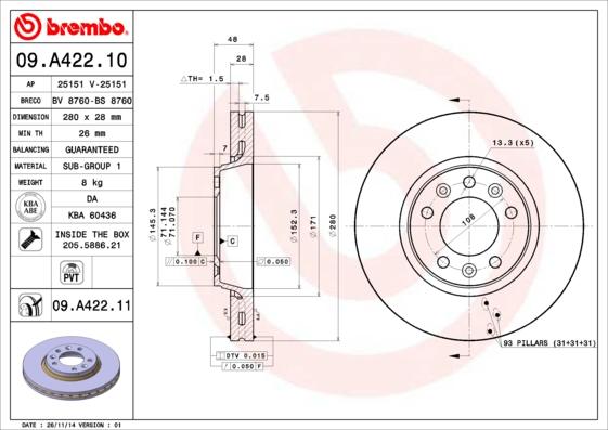 Brembo 09.A422.10 - Тормозной диск autodnr.net