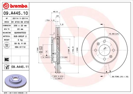 Brembo 09.A445.11 - Тормозной диск avtokuzovplus.com.ua