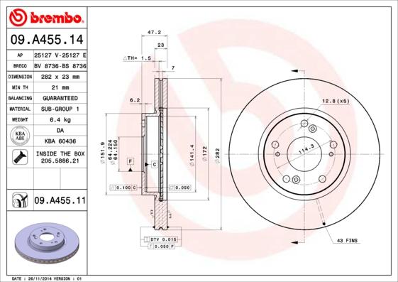 Brembo 09.A455.14 - Тормозной диск autodnr.net