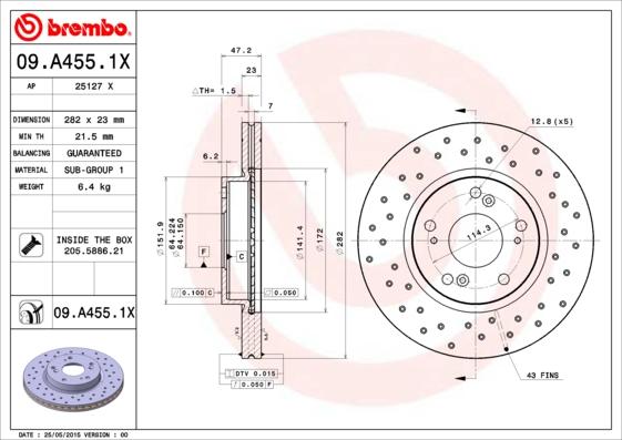 Brembo 09.A455.1X - Гальмівний диск autocars.com.ua