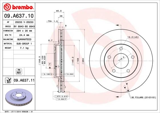 Brembo 09.A637.10 - Гальмівний диск autocars.com.ua