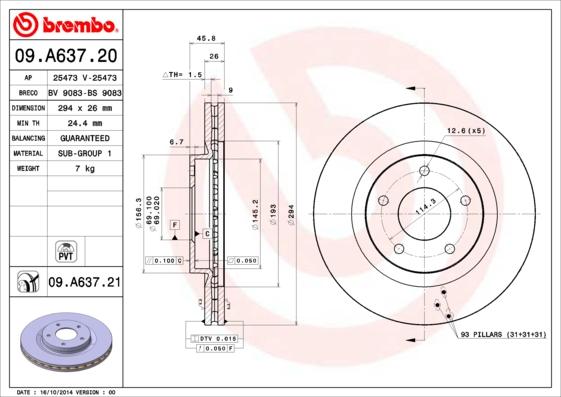 Brembo 09.A637.20 - Тормозной диск avtokuzovplus.com.ua