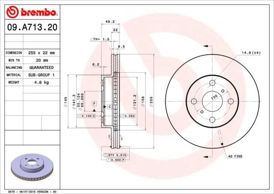 Brembo 09.A713.20 - Гальмівний диск autocars.com.ua