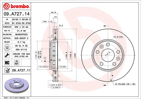 Brembo 09.A727.14 - Тормозной диск avtokuzovplus.com.ua